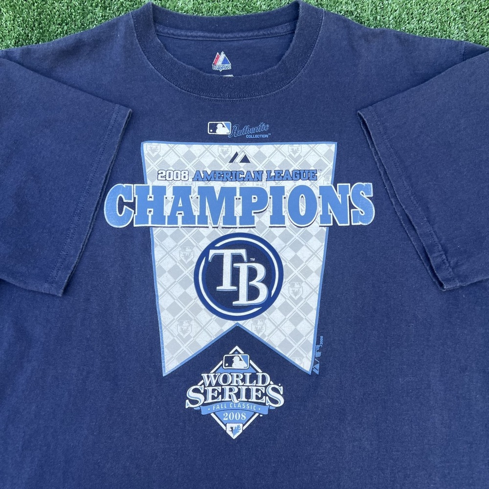 Majestic Tampa Bay Rays T-Shirt Mens L Blue 2008 American League Champions Y2K